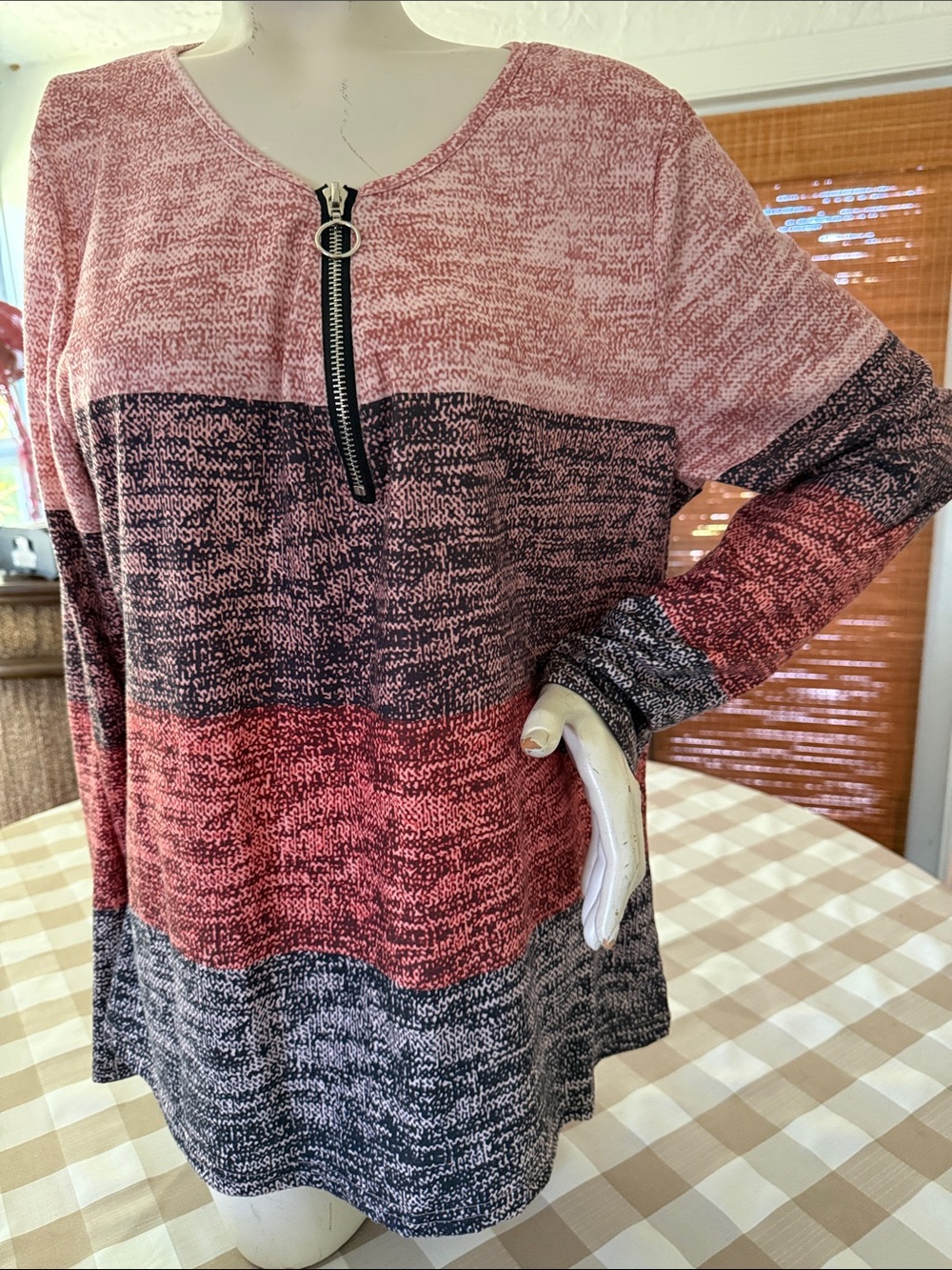 Striped Zip-Accent Knit Top - Pink Multi